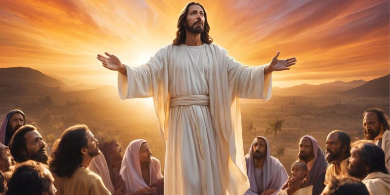 Jesus de braços abertos pregando ao povo